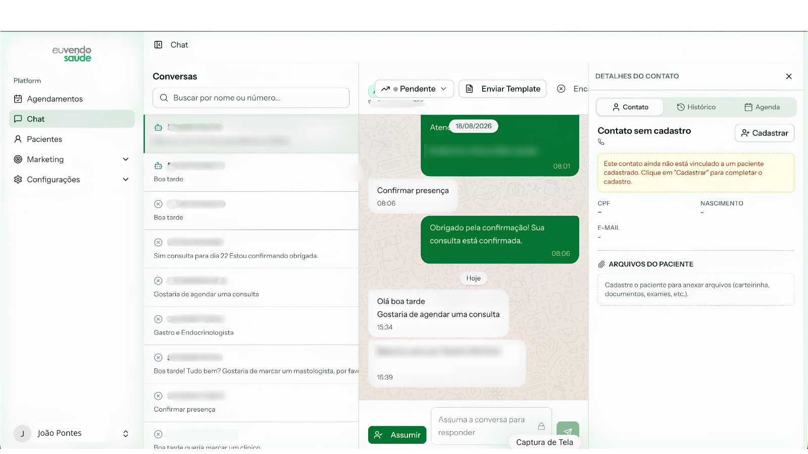 Painel de atendimento no WhatsApp da EUVENDO Saúde